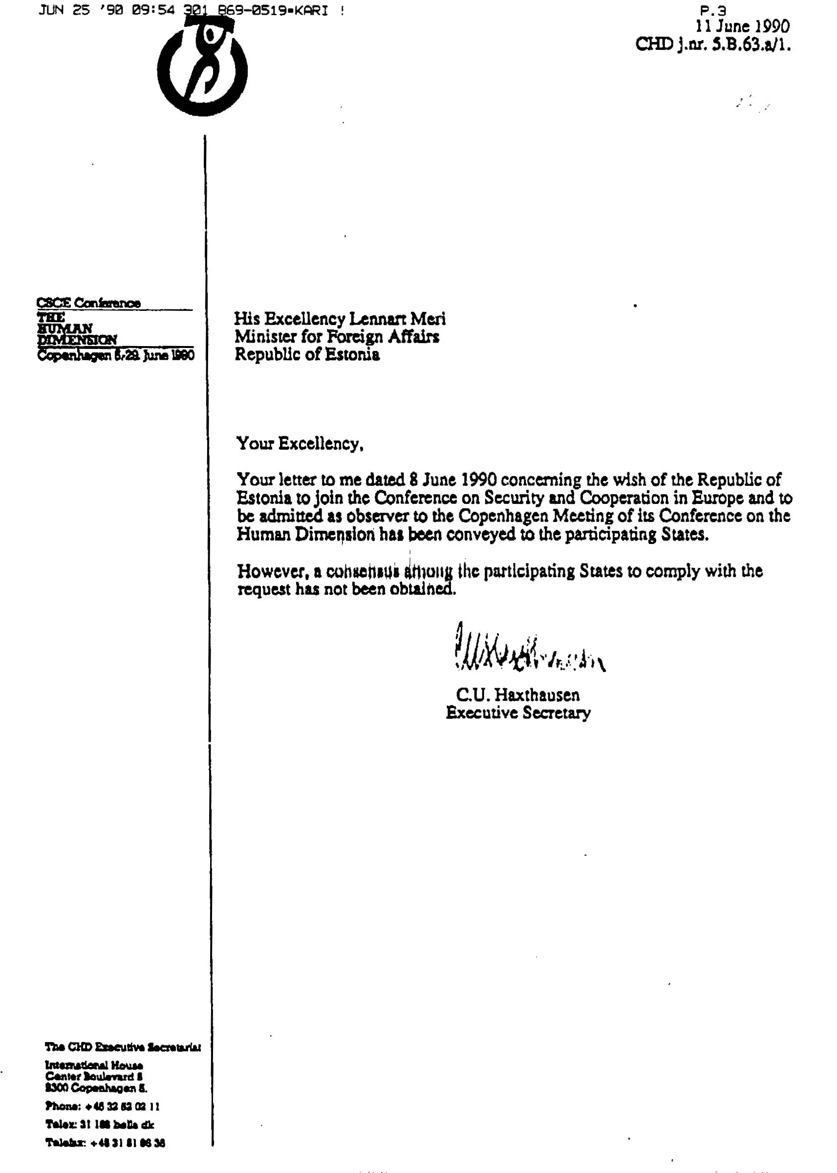 Välisminister Lennart Meri kiri CSCE peasekretärile ja vastus juunis 1990