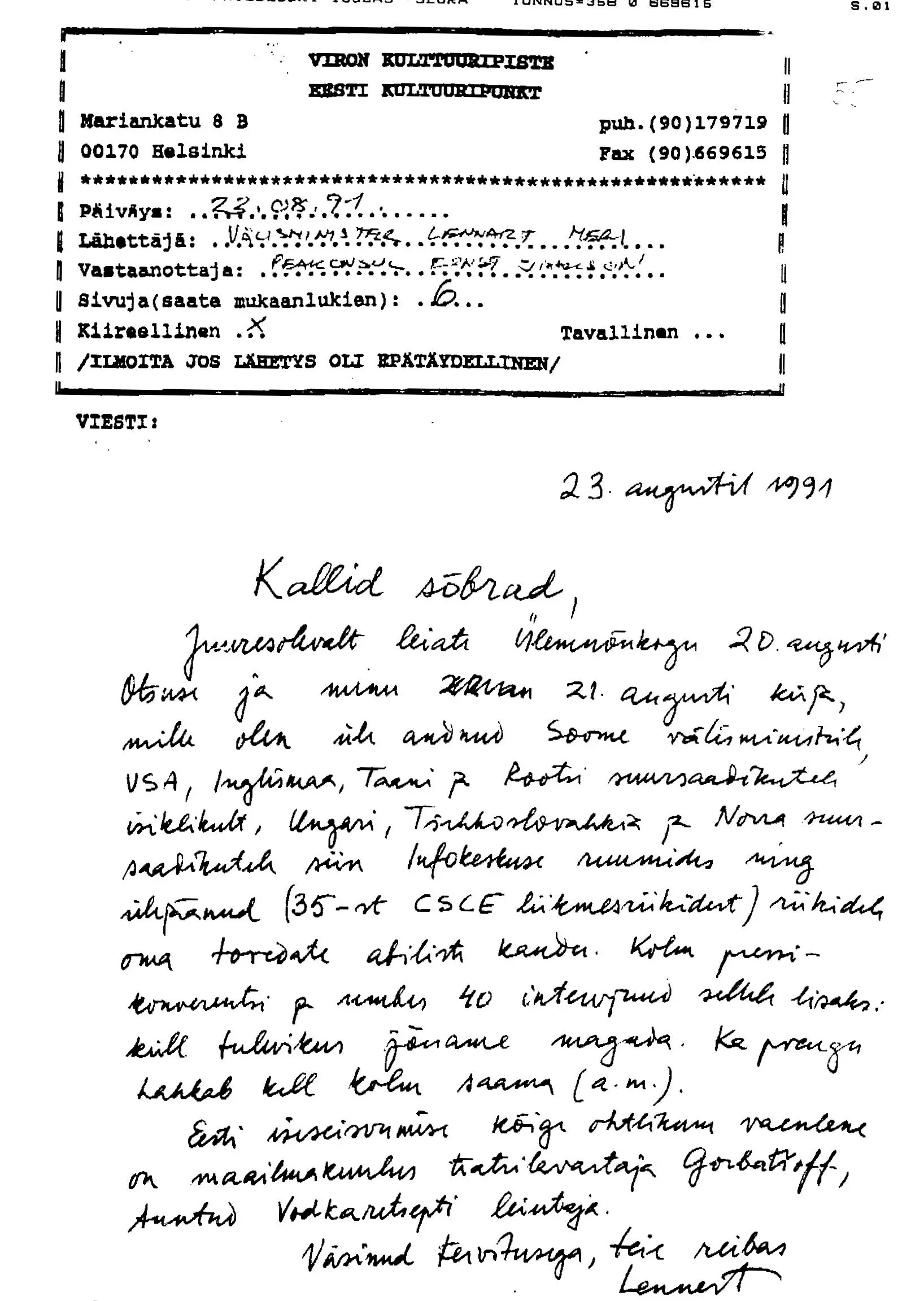 Välisminister Lennart Meri kiri Eesti peakonsulaadile Ameerika Ühendriikides